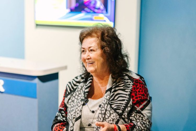 Jeanne White smiles while being interviewed